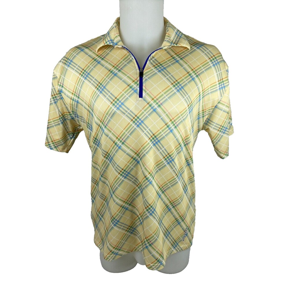 Alexander Julian Men Large Yellow Plaid Cycling Shirt 1/4 Zip Back Pockets